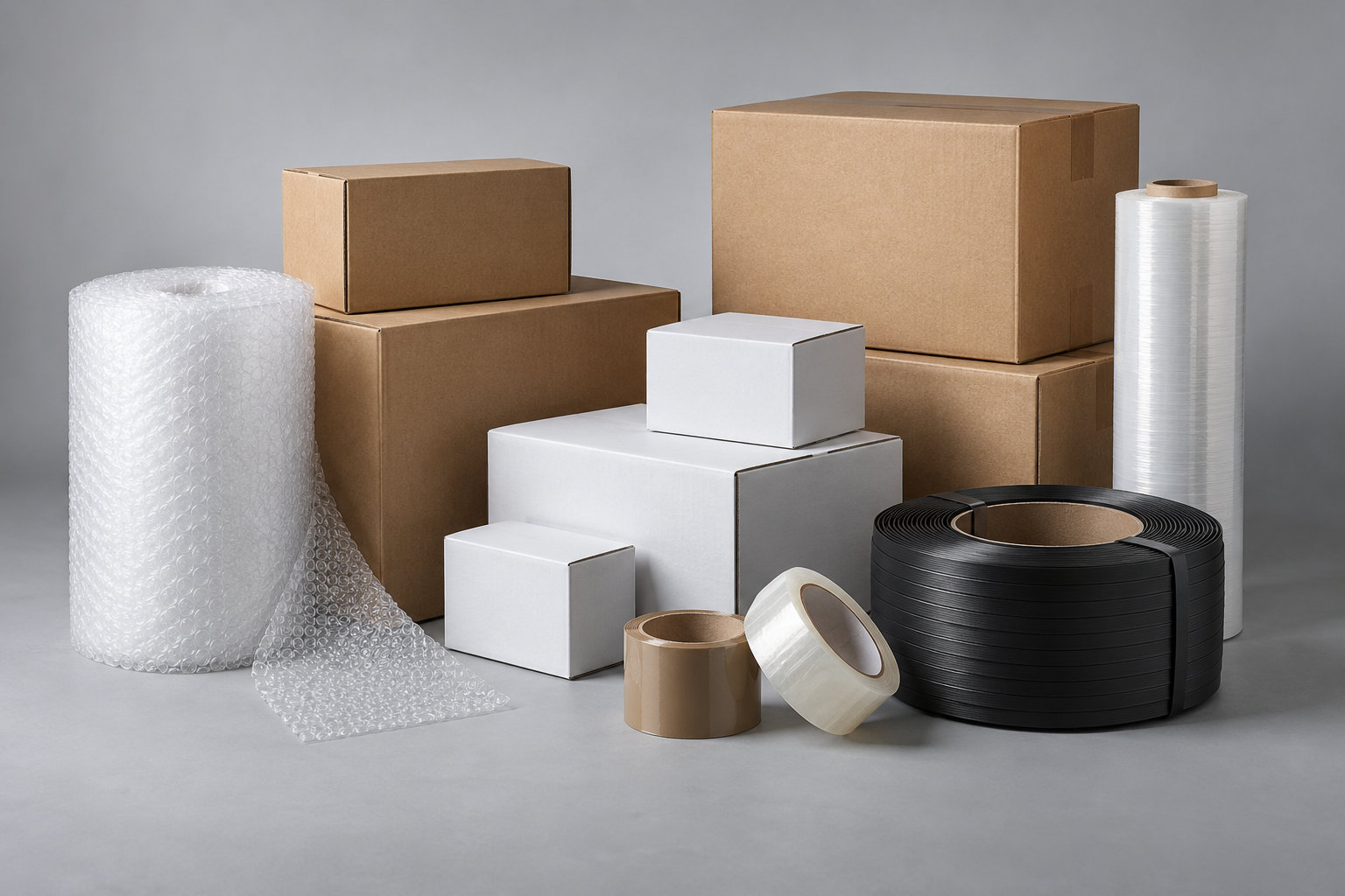 Corrugated boxes, folding cartons, tapes, stretch film, bubble wrap and strapping